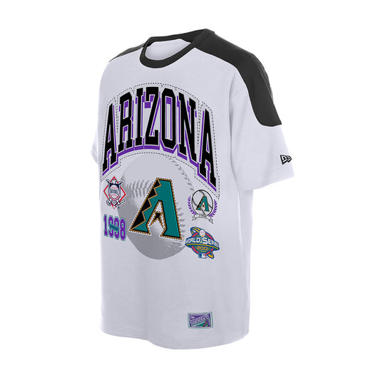 Men's white raglan varsity tee with black sleeves and Arizona logo graphic