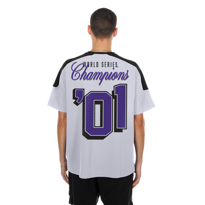 Men's white raglan varsity tee with black sleeves and World Series Champions 21 back print