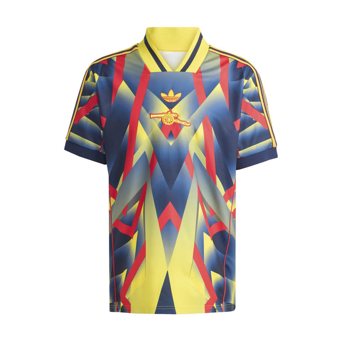 Men's lifestyle jersey with multicolor geometric pattern and yellow collar and trim