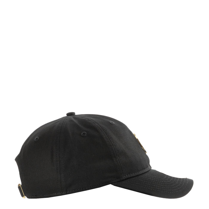 Black baseball cap with curved brim and small gold side hardware detail