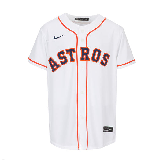 White youth baseball jersey with orange trim, button placket, and Astros front logo