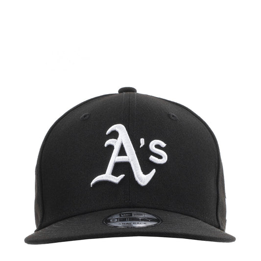 Black baseball cap with white A’s logo on the front panel