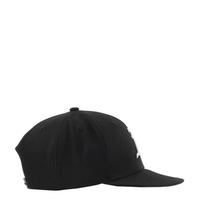 Black baseball cap, side view with small white logo on brim