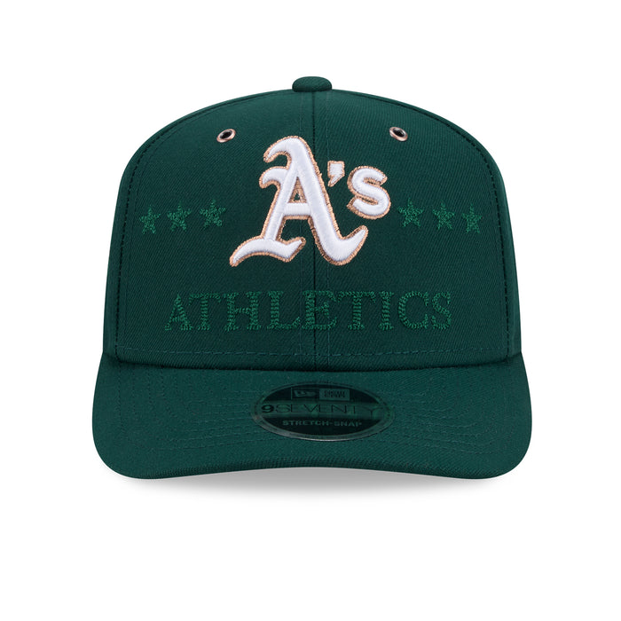 Green stretch-snap baseball cap with Athletics logo and “Athletics” text