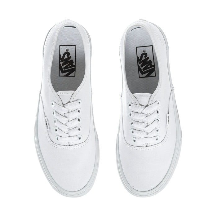 Men's white Vans Authentic sneakers, inside-liner view with Vans logo on tongues