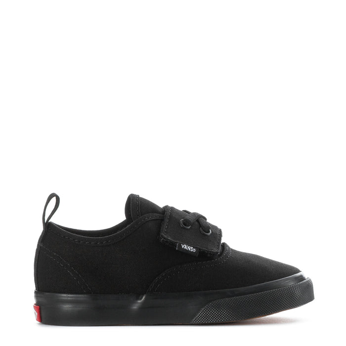 Toddler black low-top sneakers with lace-up closure and Vans side logo