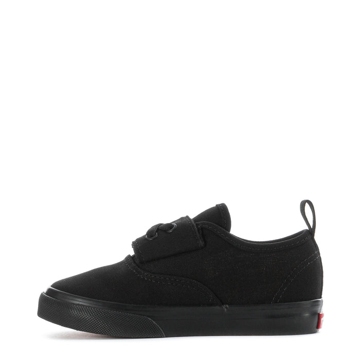Toddler black low-top sneakers with lace-up front and raised rubber toe cap