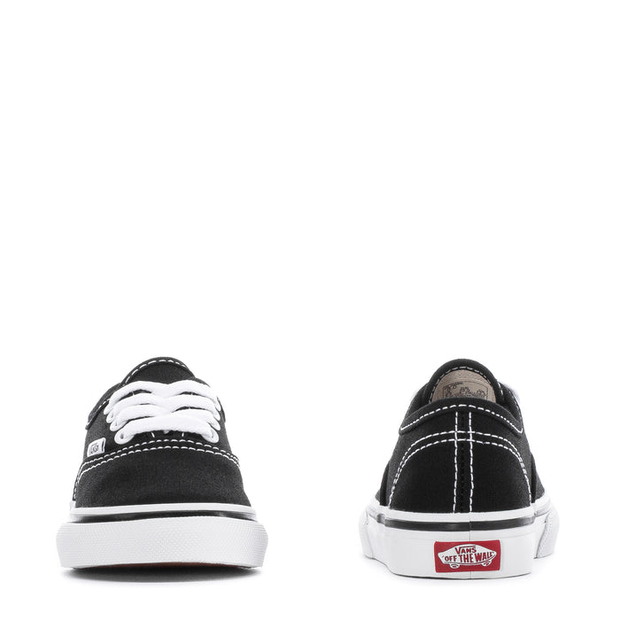 Toddler black sneakers, heel view with white midsoles and 'Off the Wall' mark