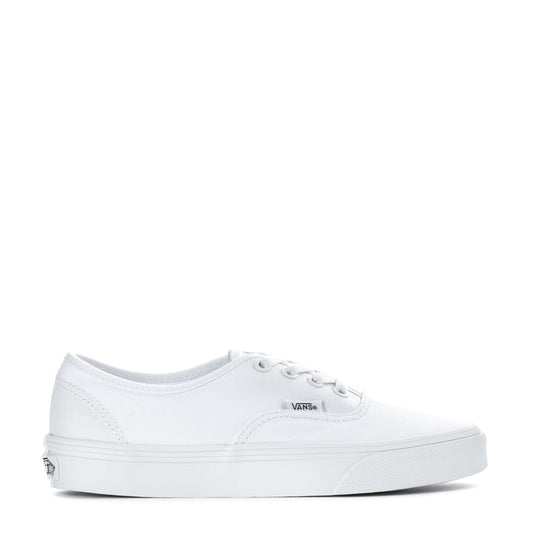 Youth white low-top sneaker with lace-up front and side stripe, Vans logo