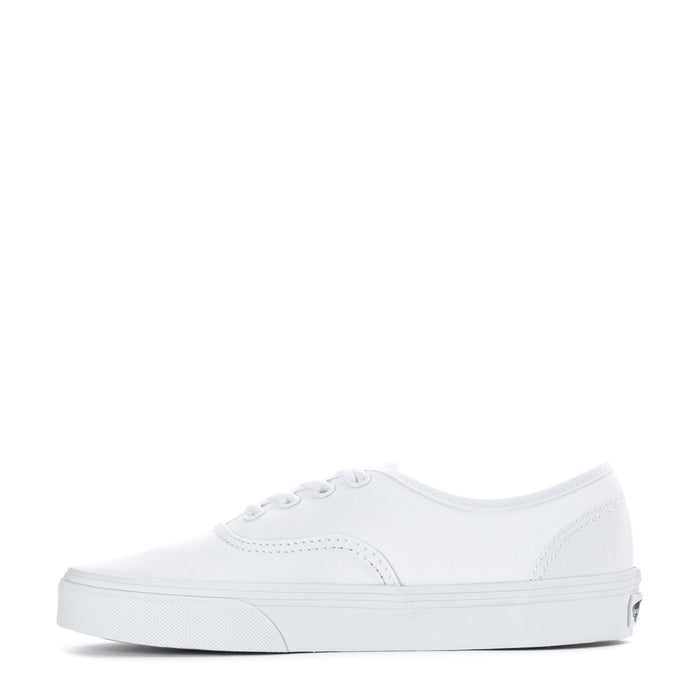 Youth white low-top sneaker, side view with stitched panel and lace eyelets