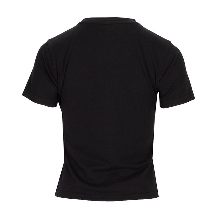 Women's black baby tee, back view, crew neck short sleeves