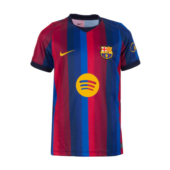 Youth soccer home jersey, vertical blue and maroon stripes, front crest and sponsor logo