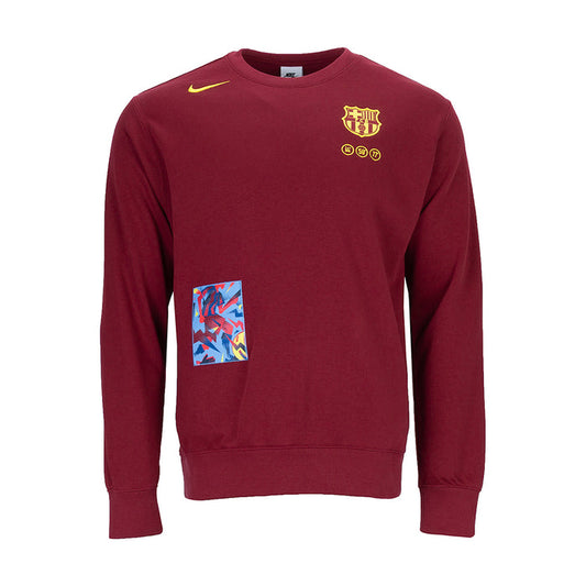 Men's red crewneck sweatshirt with front crest, Nike swoosh, and graphic patch