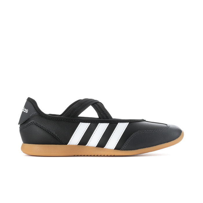 Youth Mary Jane shoes, black with white three-stripe panels and gum sole