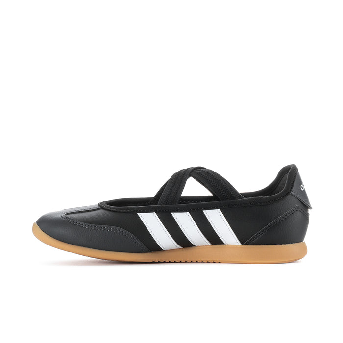Youth Mary Jane shoes side view, black upper with white stripes and gum sole