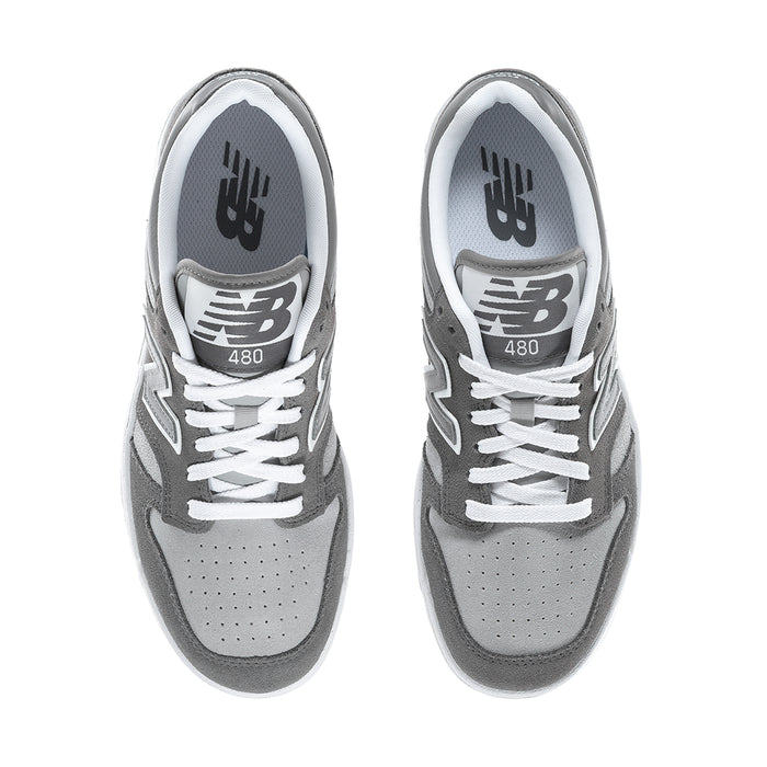 Men's New Balance 480 sneakers, top view with 480 and New Balance logos on tongues