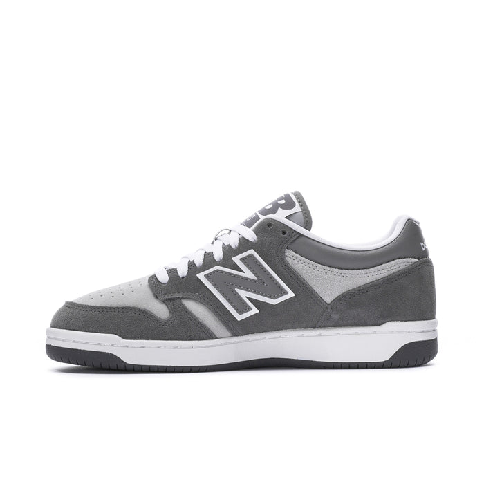 Men's New Balance 480 sneakers, side view with large N logo in light gray and dark gray