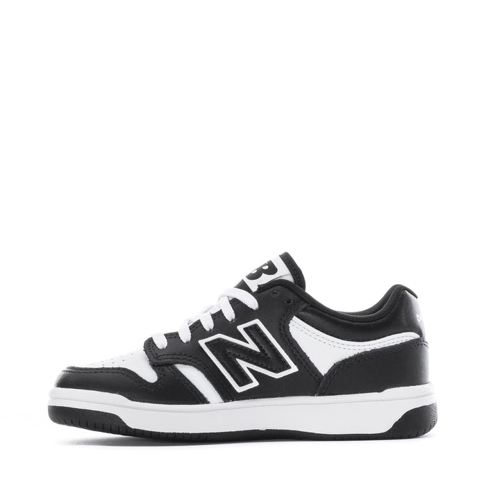 Kids' New Balance 480 wide sneakers, front quarter view with black and white panels