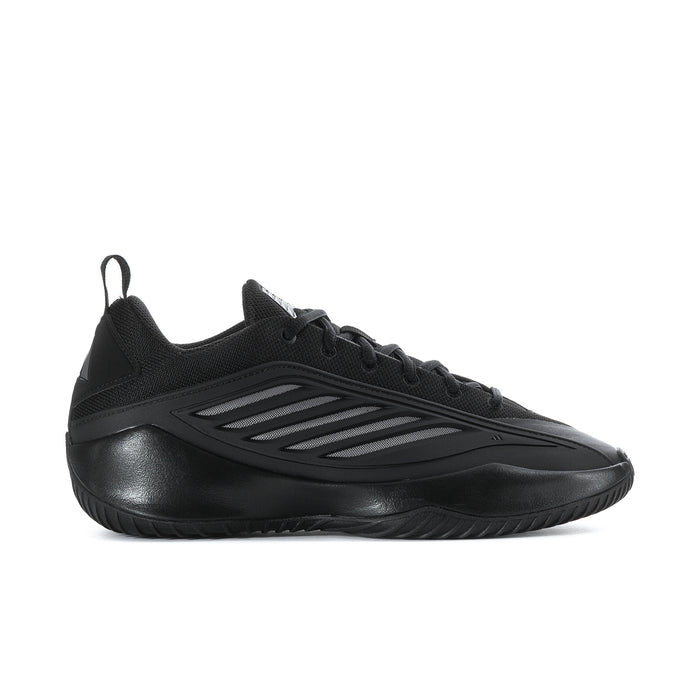 Black low-top men's athletic sneaker with lace-up and side stripe detail