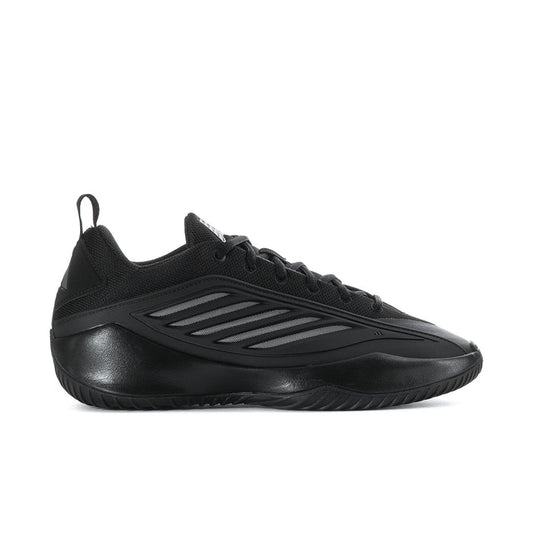 Black low-top men's athletic sneaker with lace-up and side stripe detail