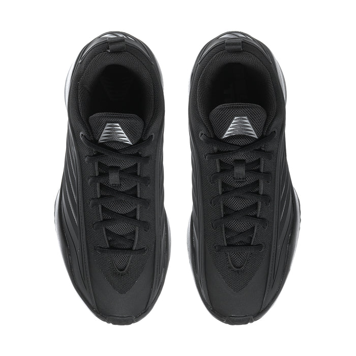Black men's athletic sneakers front view with lace-up closure and stitched logo