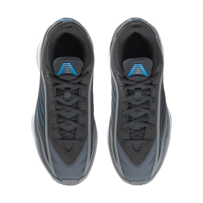 Mens sneakers front view: dark gray uppers with blue accent tongue and laces