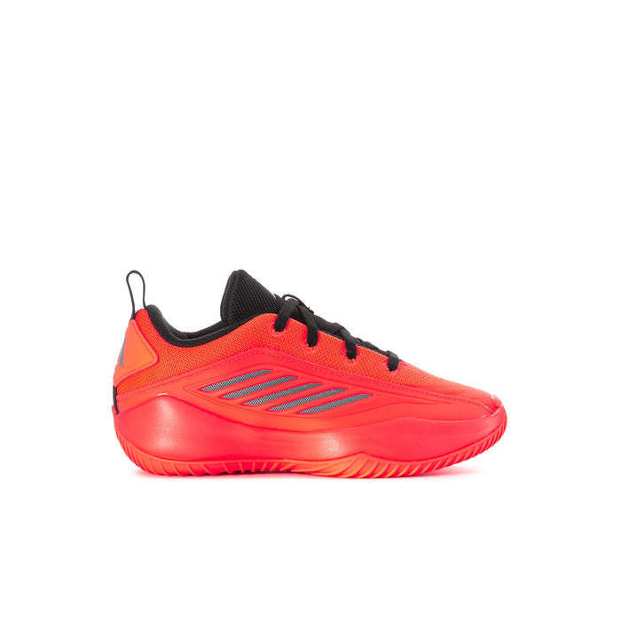 Kids athletic sneakers, bright orange with black laces and trim, low-top profile.