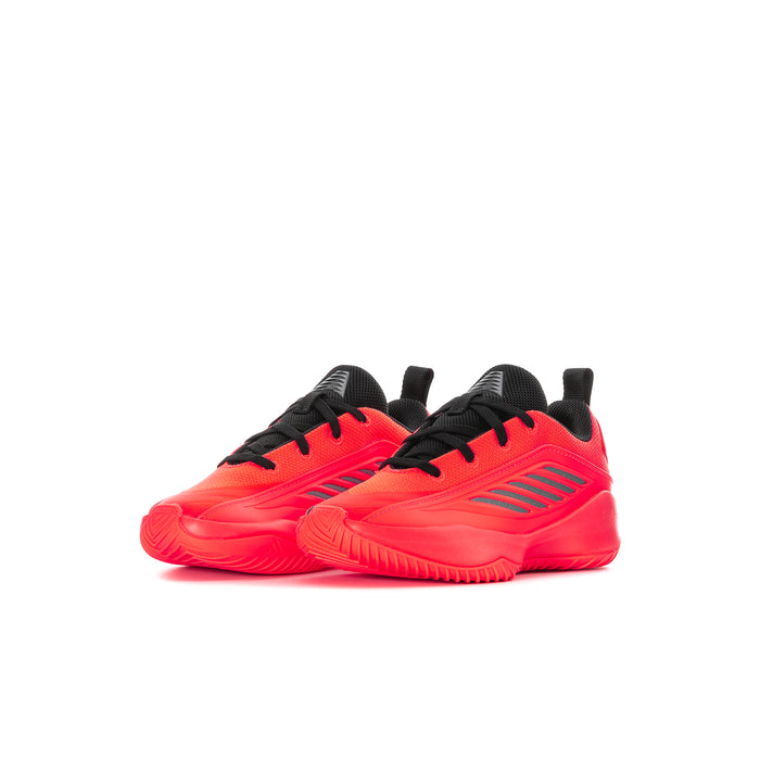 Kids athletic sneakers pair, bright orange uppers with black lace-up panels and accents.
