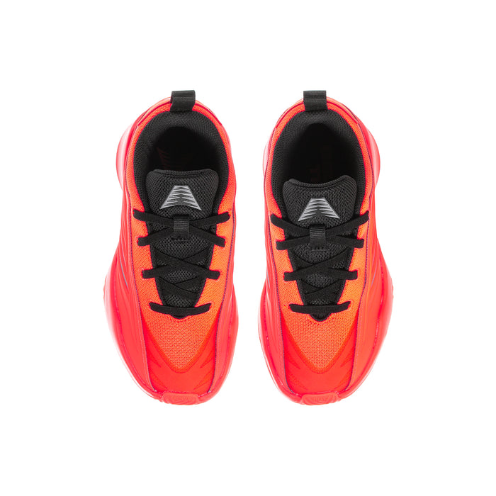 Kids sneakers front view, orange uppers with black lace area and padded collar.