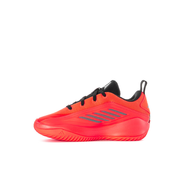 Kids athletic sneakers side view, bright orange with black laces and striped overlays.