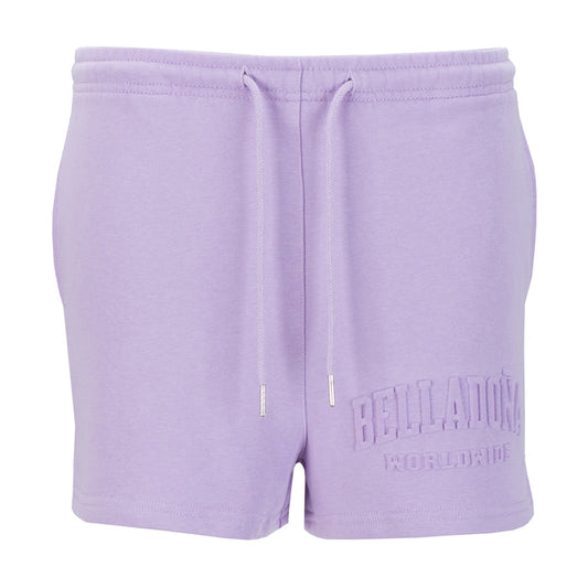 Women's lavender French terry shorts, elastic waist with drawstring, logo on leg