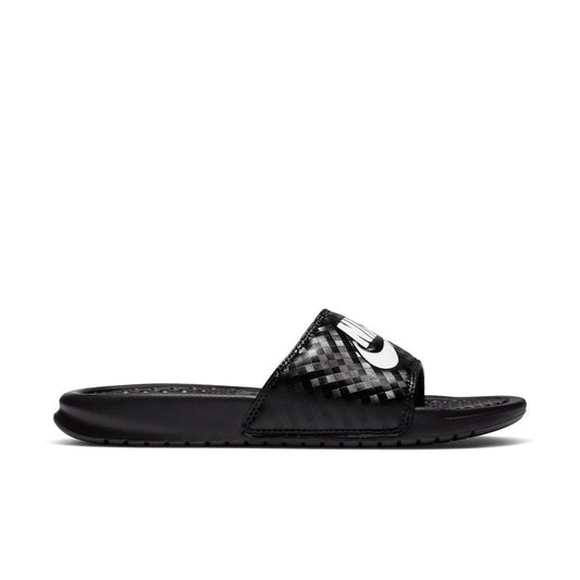 Black and white Nike slide sandal with textured strap and swoosh logo