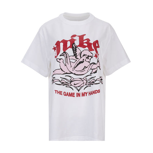 White women’s crew neck T-shirt with red and black sports graphic on front.