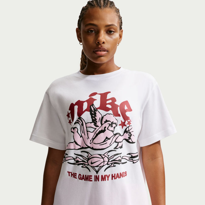 White women’s crew neck T-shirt with large front graphic and slogan text.