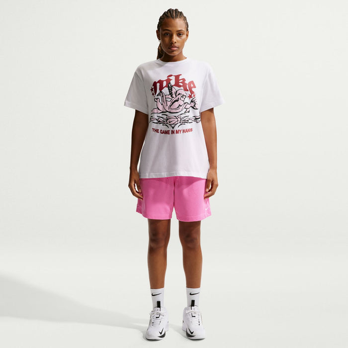 White women’s crew neck T-shirt with front graphic, relaxed straight hem.