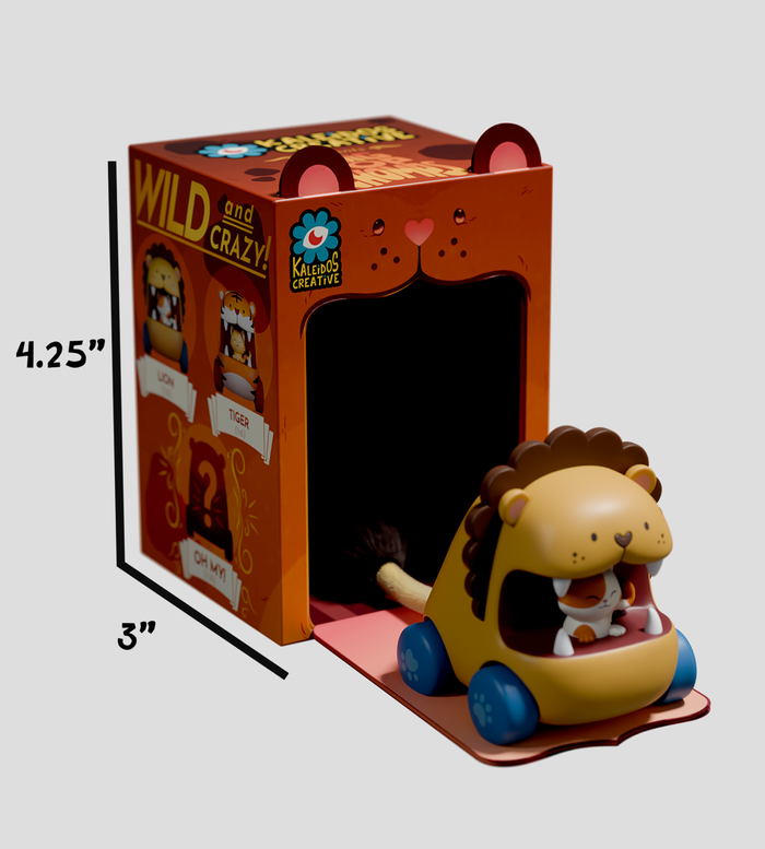 Big Top Chomps Blind Box preorders feature pull-back toy cars resembling tigers, lions, cheetahs, and panthers, each with a fabric tail and display-ready packaging.