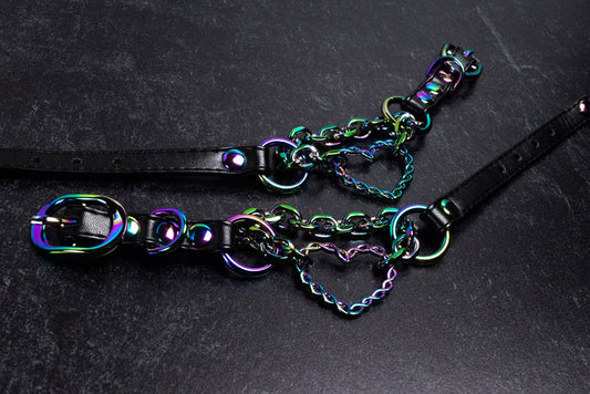 Black Leather Chained Heart Martingale Cuffs