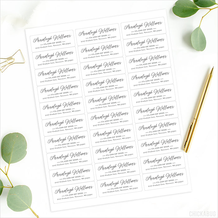 Black & White Script Class of 2026 Graduation Address Labels