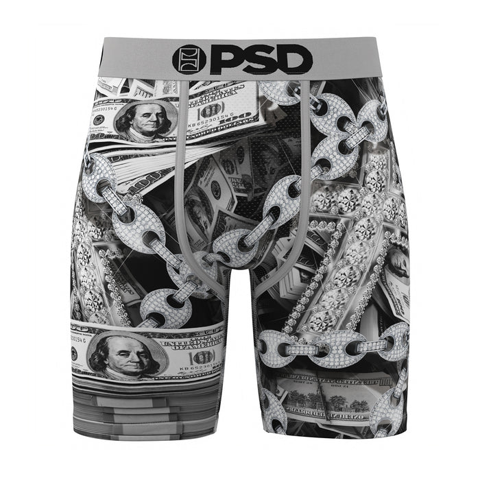 Men's black-and-silver graphic boxer briefs with dollar bills and chain pattern