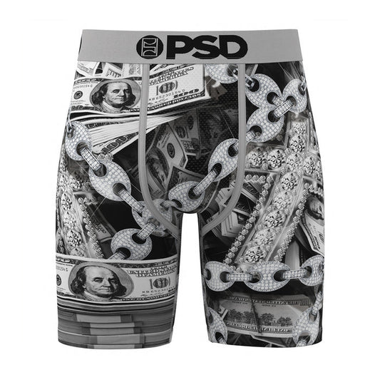 Men's black-and-silver graphic boxer briefs with dollar bills and chain pattern