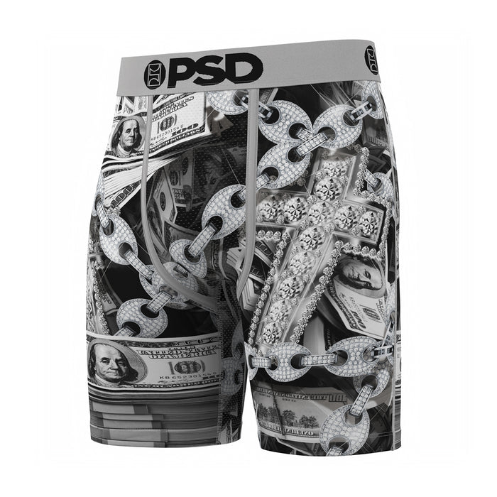 Men's black-and-silver graphic boxer briefs, dollar bill and chain print, angled view
