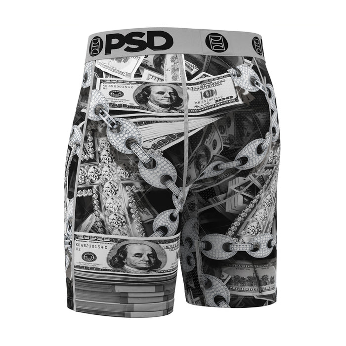 Men's black-and-silver dollar bill and chain graphic boxer briefs with waistband