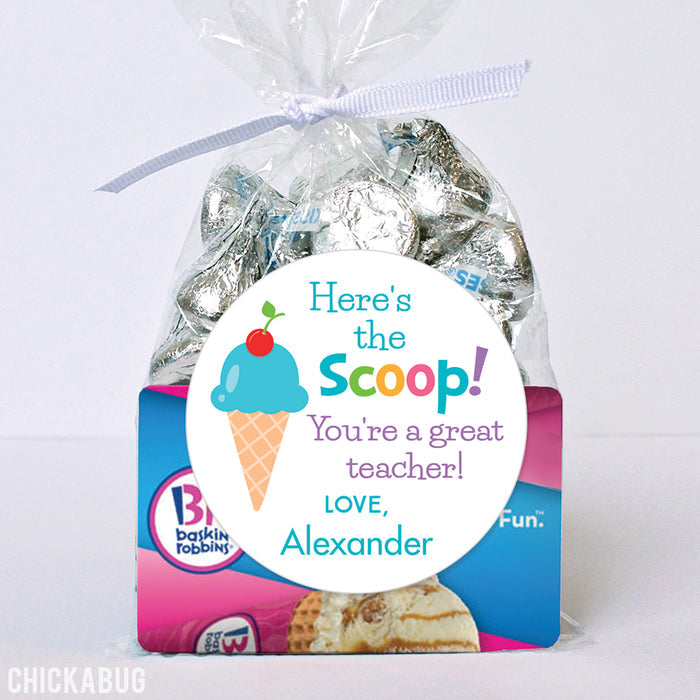 Blue "Here's the Scoop" Teacher Appreciation Stickers