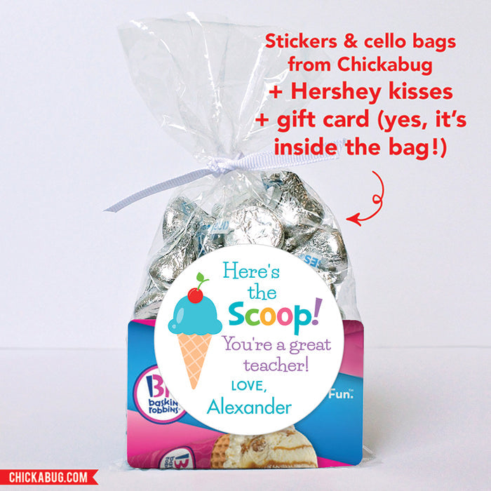 Blue "Here's the Scoop" Teacher Appreciation Stickers