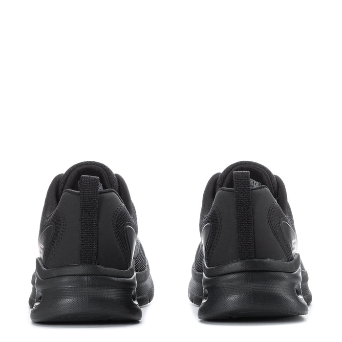 Women's black lace-up sneakers, rear view with padded heel and pull tab