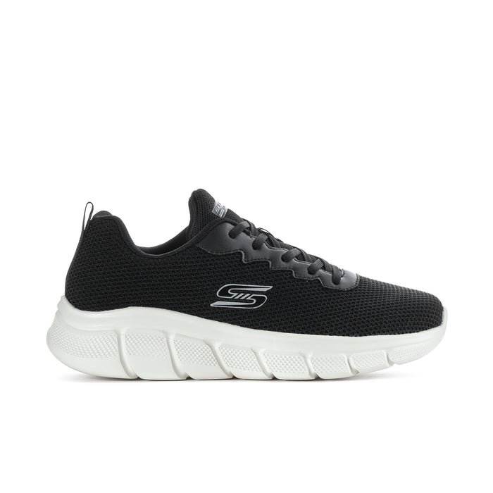Men's black knit running sneaker with white sole and lace-up front