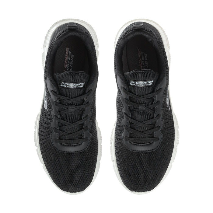 Men's black lace-up sneakers with padded tongue and white-trimmed collar