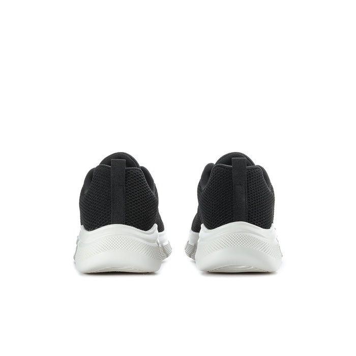 Men's black knit sneaker heels with white midsole and back pull tabs
