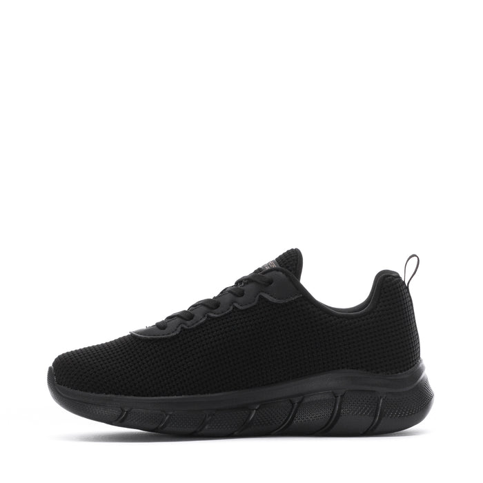 Women's black lace-up sneaker with textured upper and sculpted sole