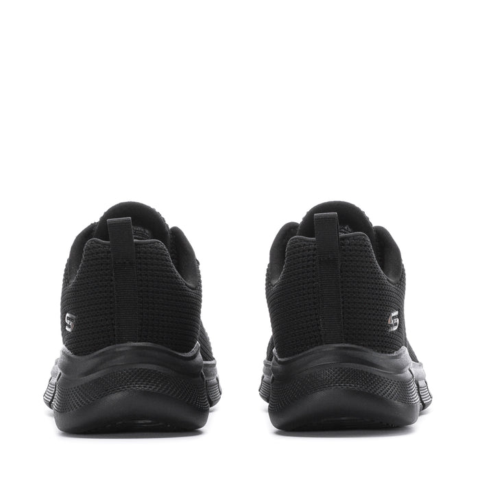 Women's black sneakers heel view with stitched panels and cushioned sole